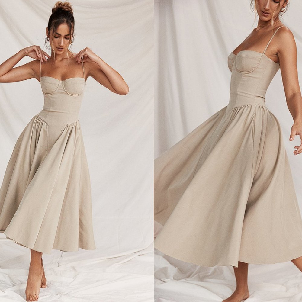 HOUSE OF CB 'Samaria' Taupe Corset Midi Sun Dress NWOT